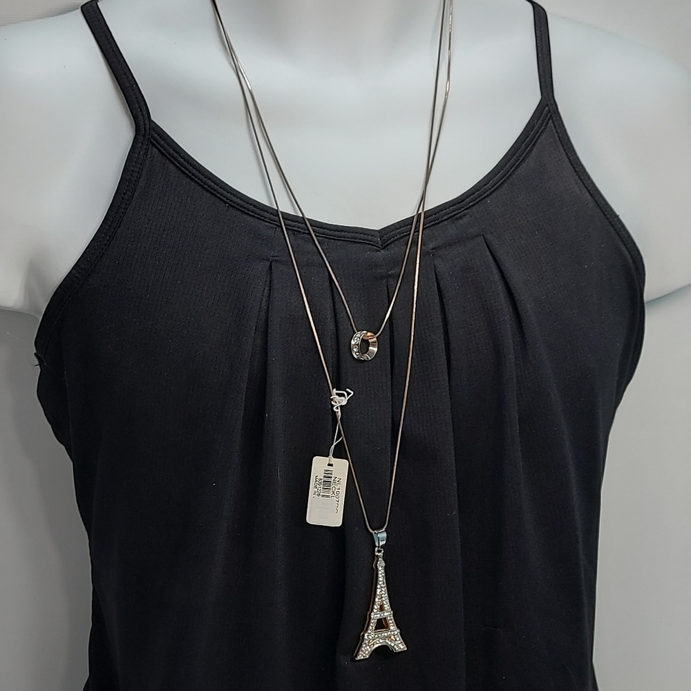 Rose Gold Tone Long Double Strand Necklace Large Eiffel Tower Crystal Pendant
